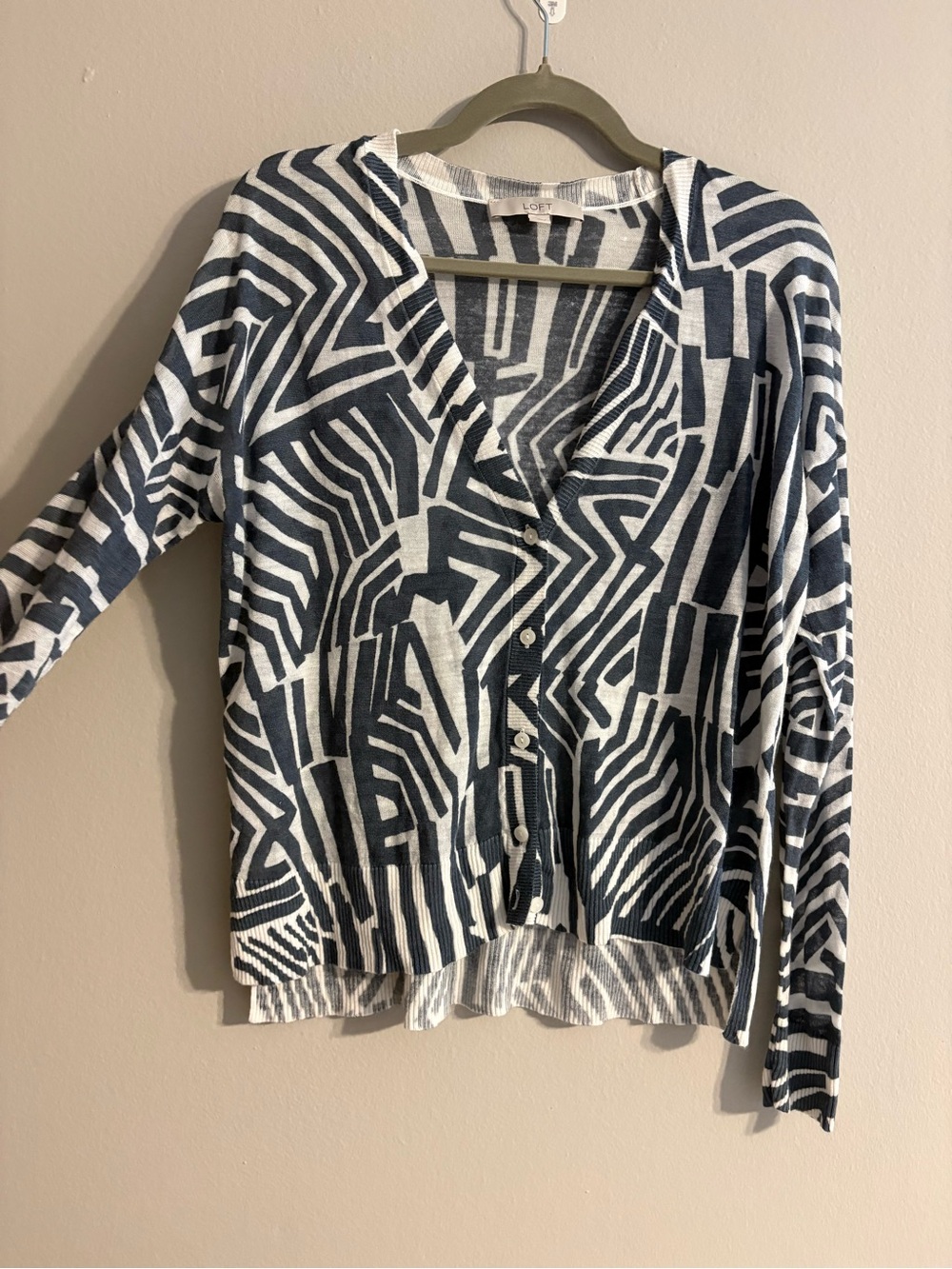 LOFT Abstract Stripe Coastal Lightweight Button Down V Neck Cardigan